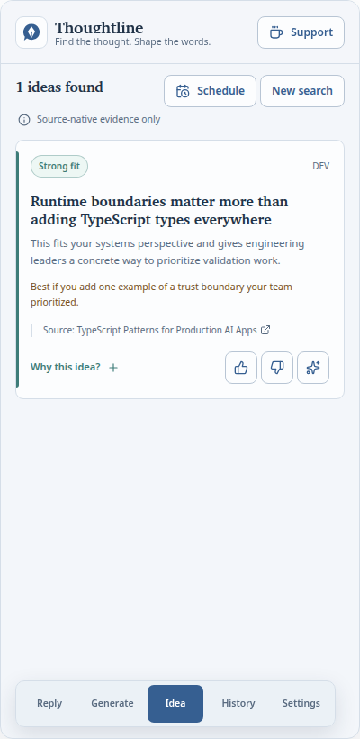 Thoughtline source-backed idea research view