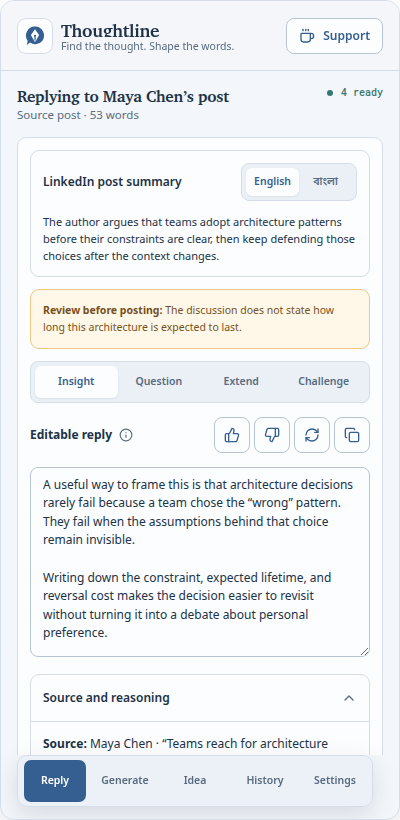 Thoughtline reply workspace showing a selected LinkedIn conversation and editable reply directions