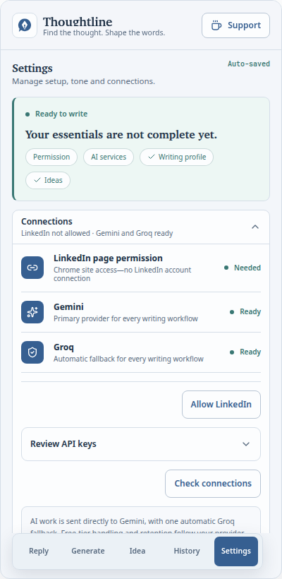 Thoughtline settings for writing language, tone, and profile